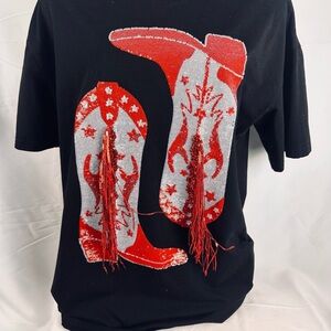 Black Short Sleeve Tee with Red Boot Design